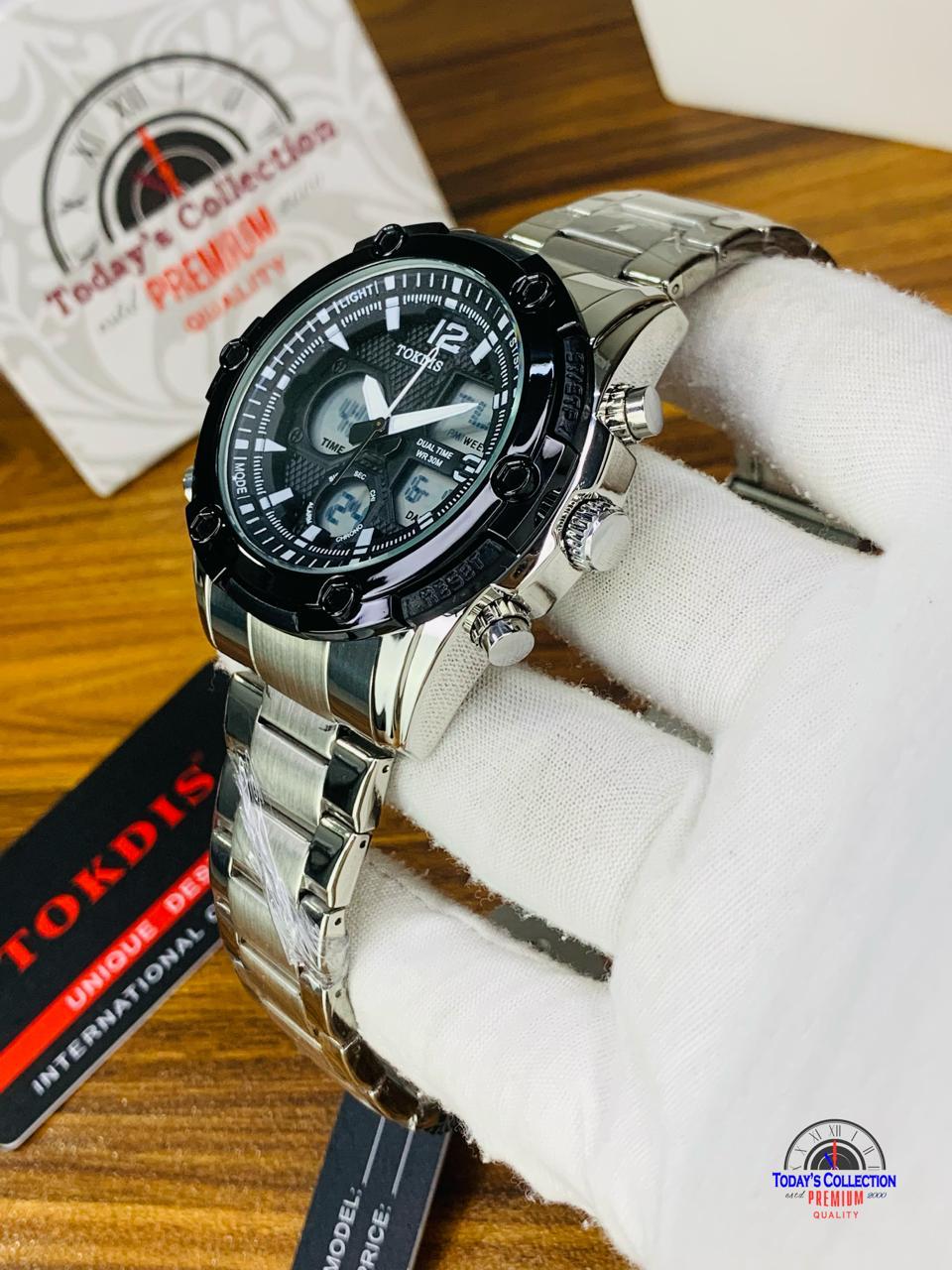 TOKDIS Dual Display Stainless Steel Men’s Analog Digital Sports Watch