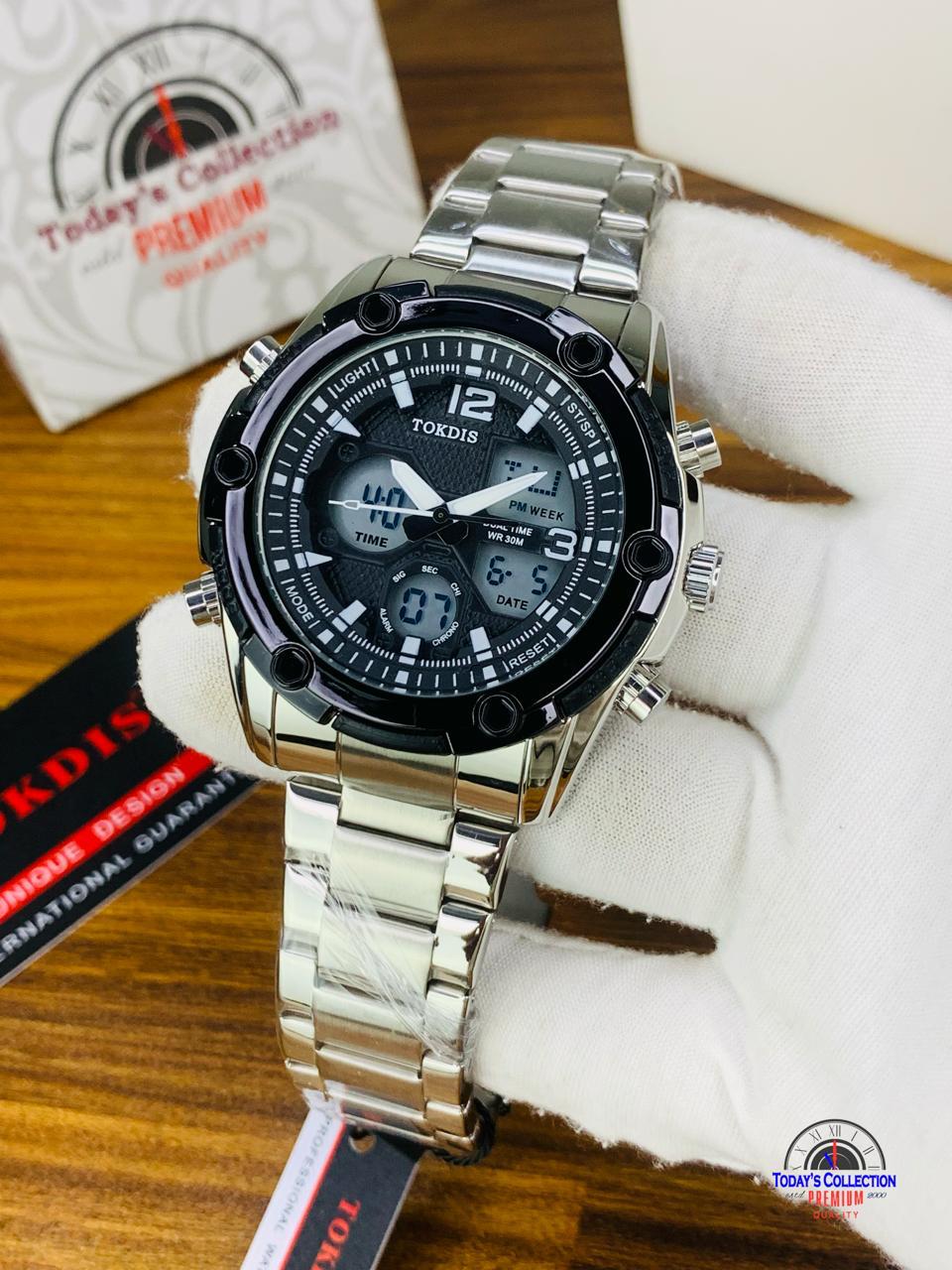 TOKDIS Dual Display Stainless Steel Men’s Analog Digital Sports Watch